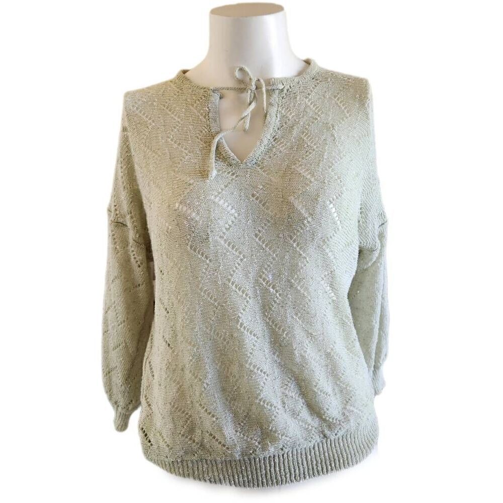 Joyce acrylic knits pastel green 70s semi-sheer 3/4 sleeve summer hippie top